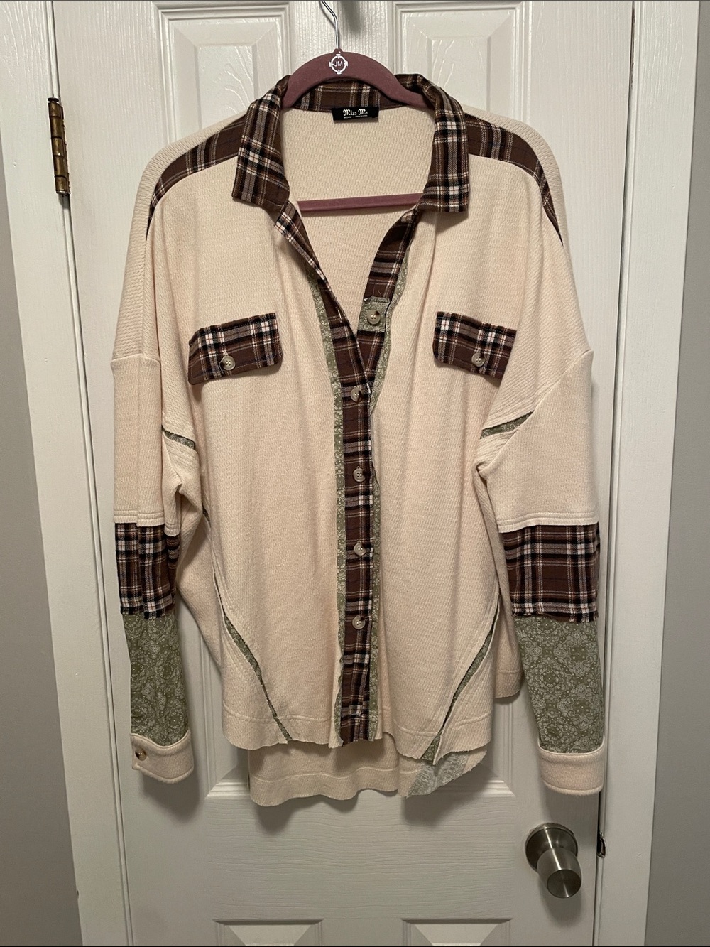 Cream and Brown Plaid Button-Up Shirt Jacket By Miss Me Size Medium